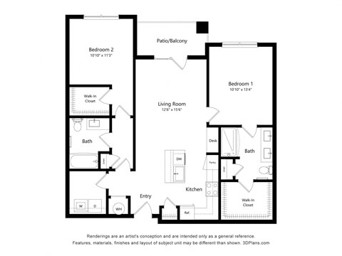 Floor plan for 2 beds, 2 baths, 1094 sqft
